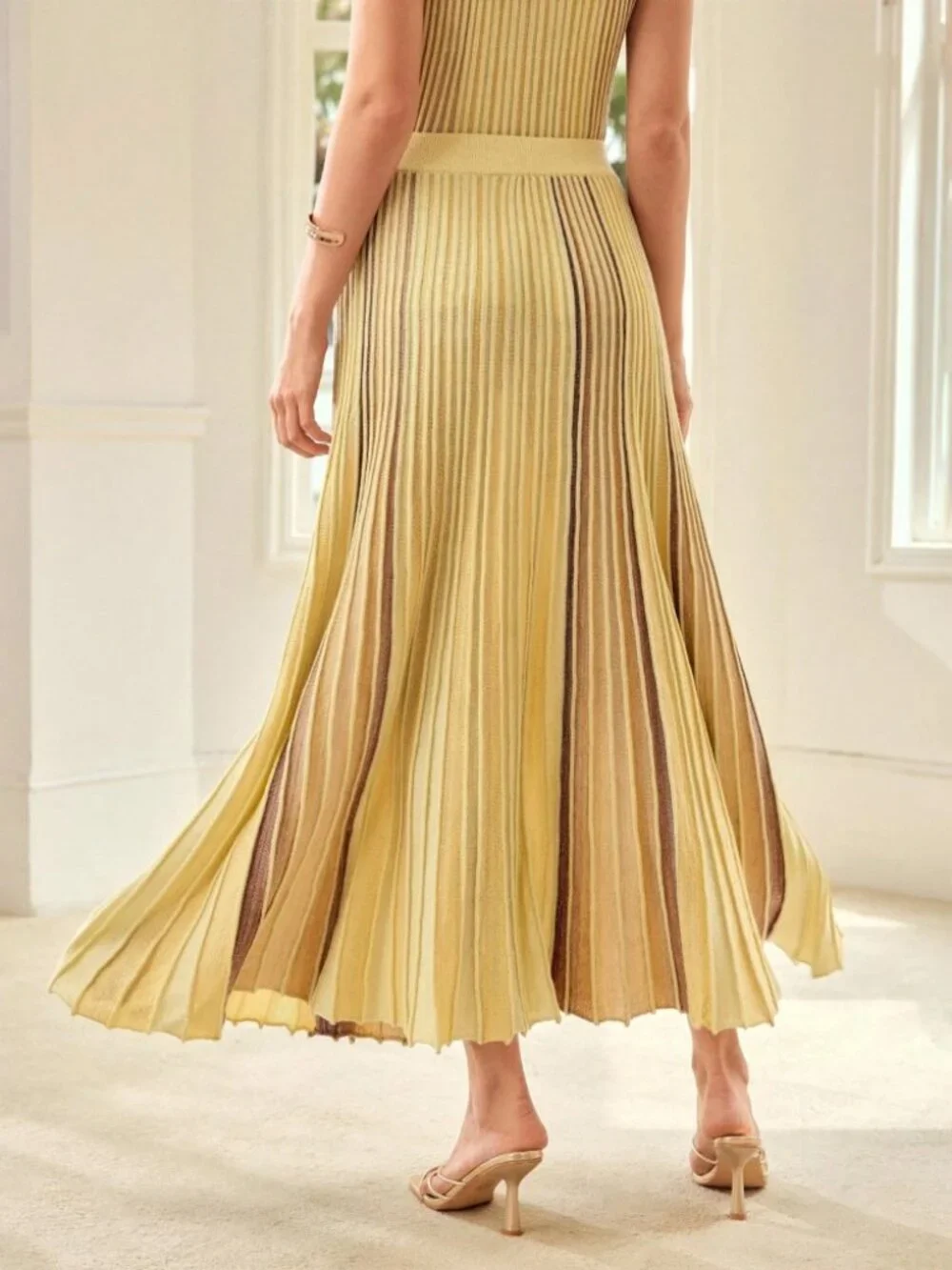 Yellow Striped Knit Maxi Skirt with Pleated A-Line Flare
